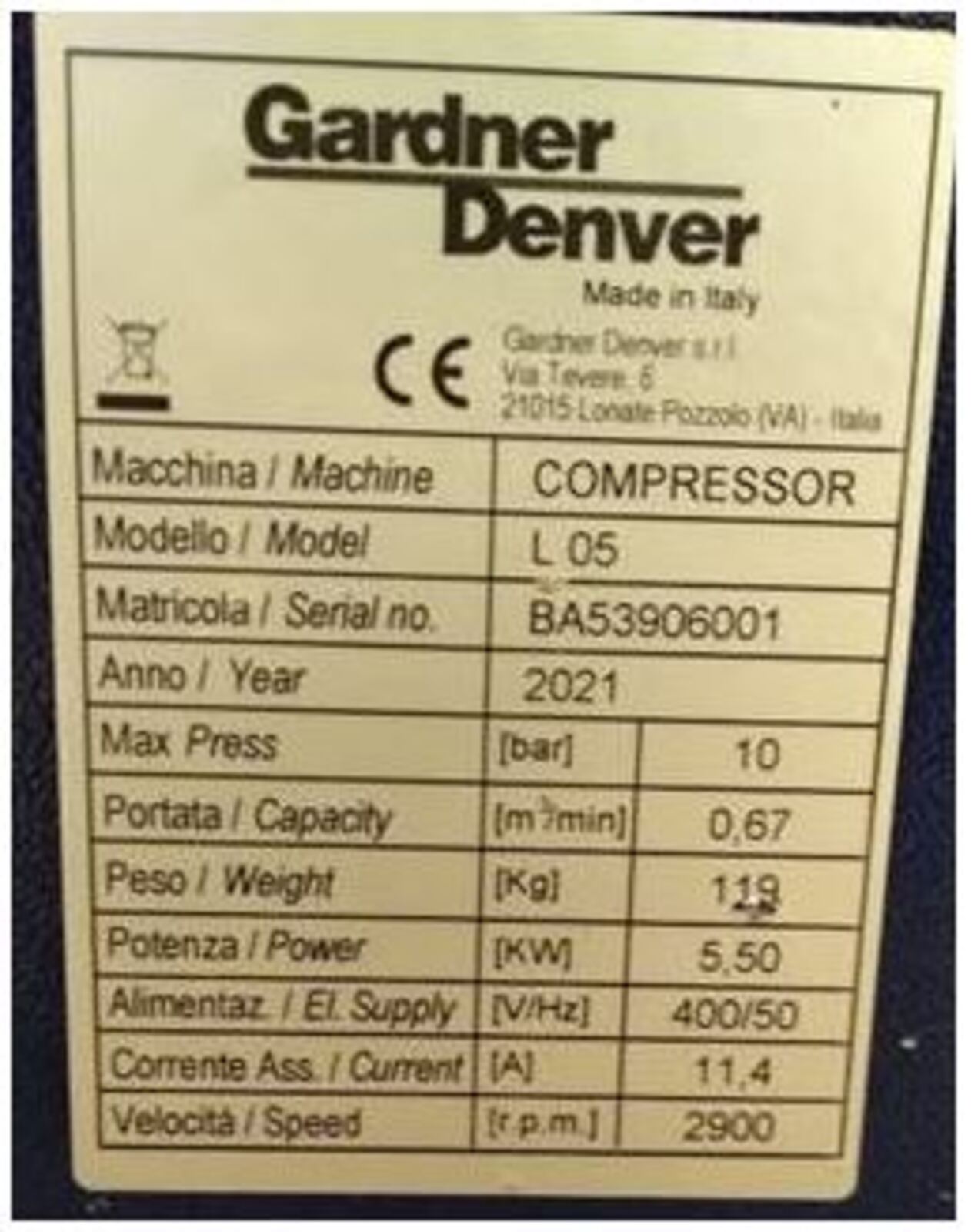 Screw compressor 5.5kw 10bar 0,67 cbm/min CompAir